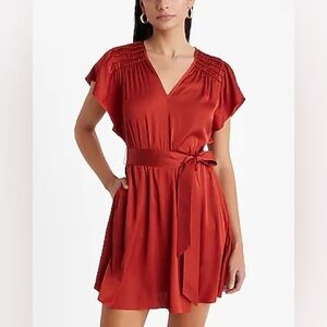 NEW Express Satin V-neck Flutter Sleeve Tie Waist Mini Dress Cinnibar🧡❤️🤎